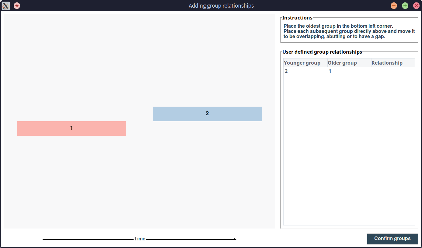 A screenshot showing the first-stage of the popup window for eliciting group relationships for the sample 'thesis' model