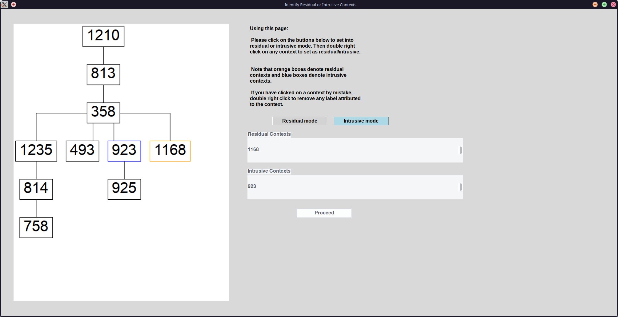 A screenshot of the popup window for identifying Residual or Intrusive contexts for the sample 'thesis' Model